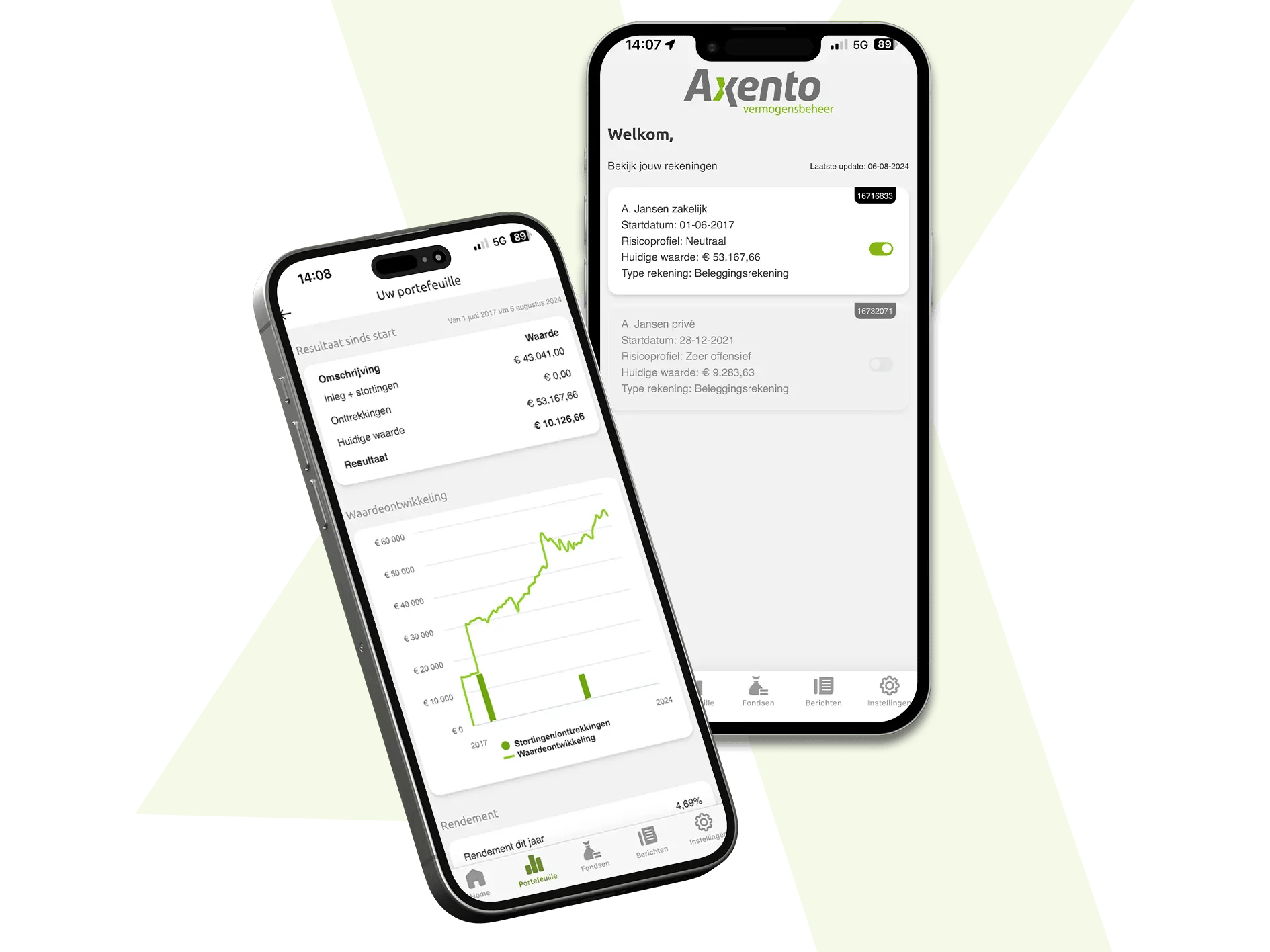 Twee telefoons met de axento app