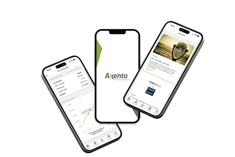 Drie telefoons met de Axento app