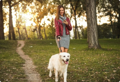 Vrouw in het bos met telefoon in handen lopend met de hond