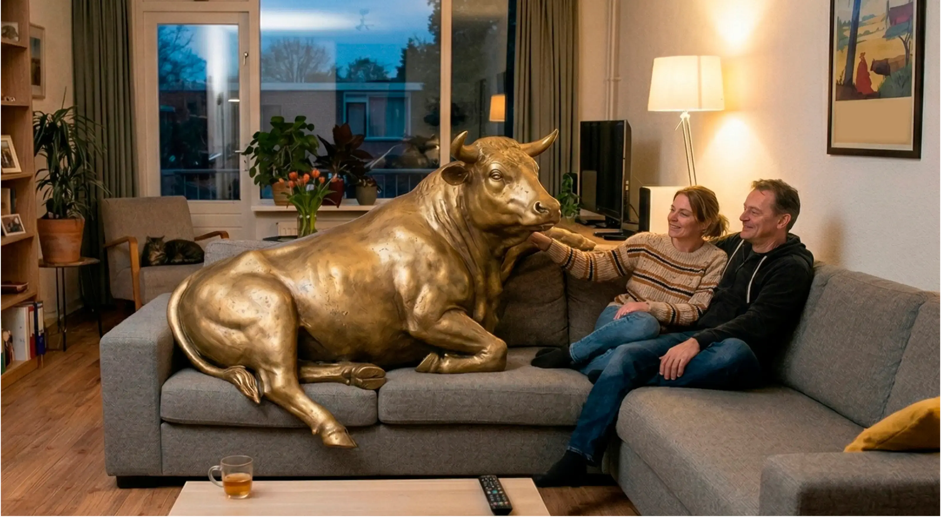 Man en vrouw zitten op een bank. Er ligt een Gouden Stier naast hun. 