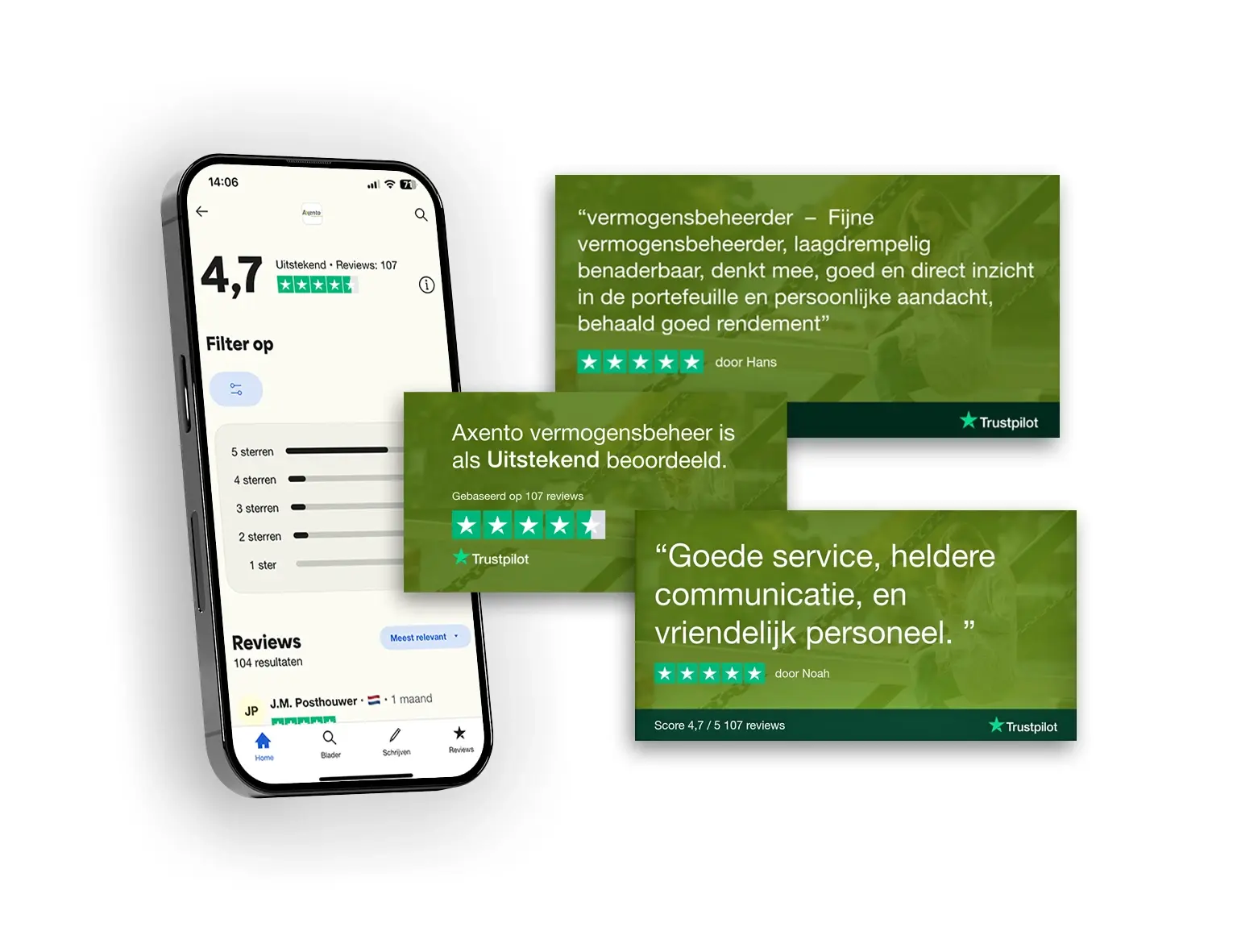 Telefoon met beoordeling 4,7 van trustpilot en blokjes met axento reviews